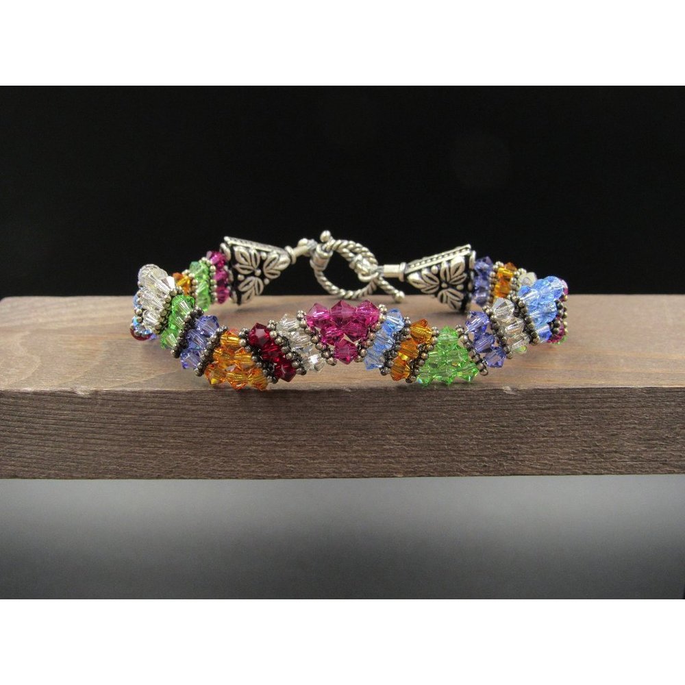 7" Sterling Silver Colorful Woven Style Crystal Bracelet Vintage Elegant